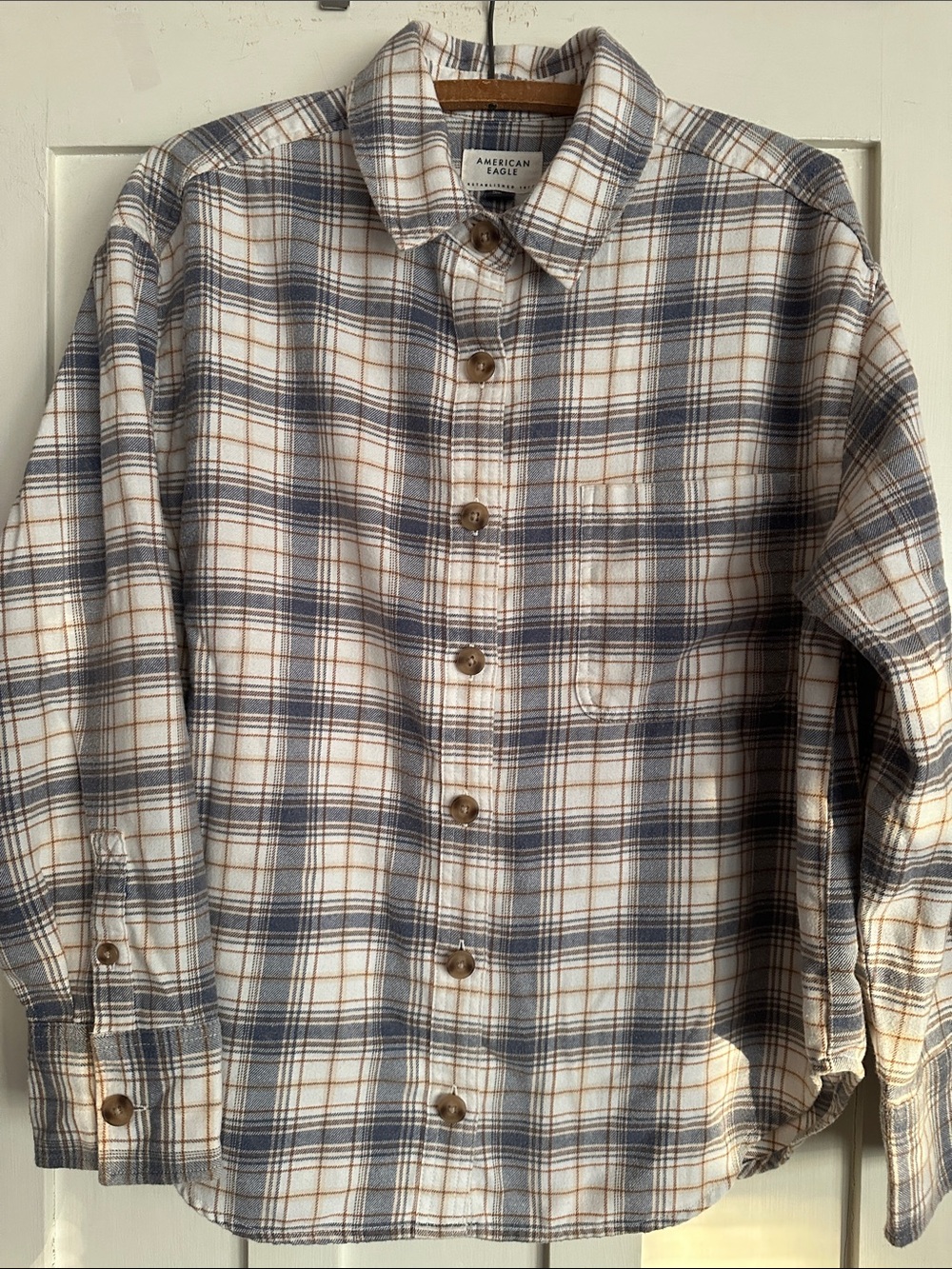 American Eagle Plaid Flannel Shirt in Cream, Blue & Brown